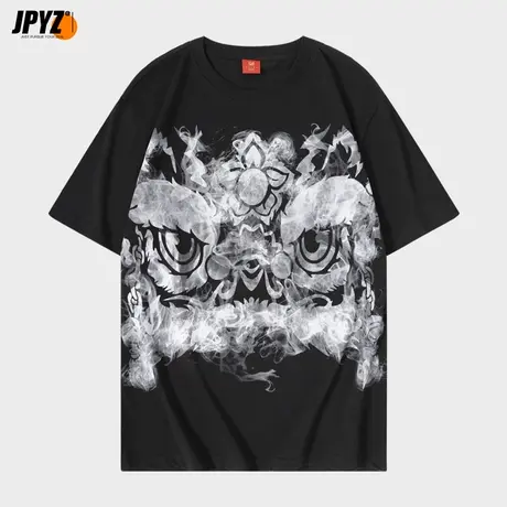 国潮中国风水墨画醒狮印花短袖T恤男女夏宽松学院风复古半袖上衣商品大图