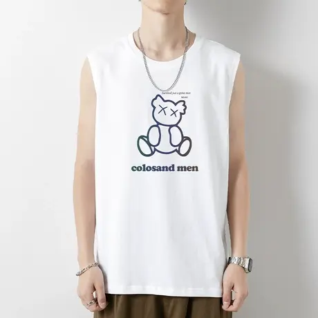 纯棉无袖t恤男士背心夏季薄款小熊印花白色运动坎肩健身跨栏篮球商品大图