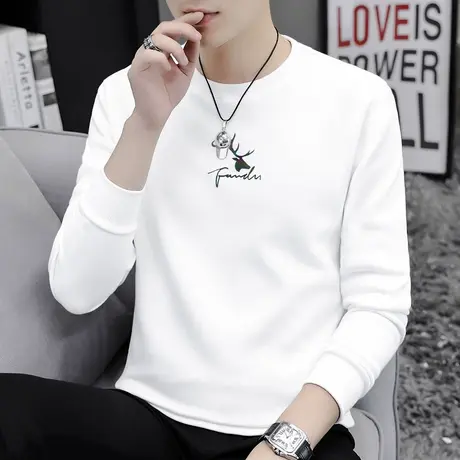 重磅纯棉白色t恤男长袖加绒加厚打底衫秋冬内搭摇粒绒保暖秋衣服商品大图