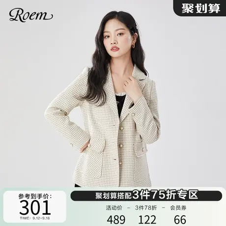Roem商场同款气质格纹毛呢西装春秋新款宽松西装粗毛呢外套商品大图