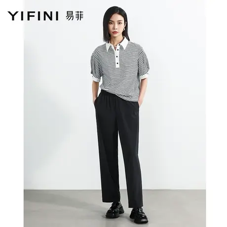 Yifini/易菲宽松直筒黑色休闲长裤女2023夏季新款百搭简约直筒裤商品大图