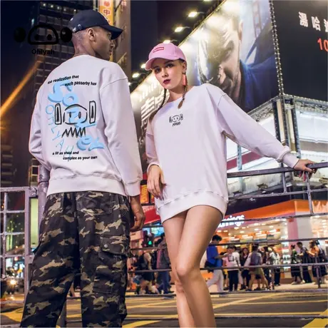 秋季小猪胸花圆领卫衣女后涂鸦猪脸印花情侣装潮牌宽松潮流上衣商品大图