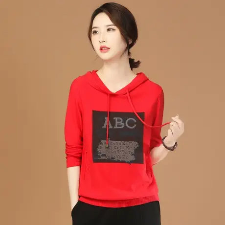 韩潮袭人连帽字母印花针织衫女2023秋季新款宽松休闲红色毛衣上衣商品大图