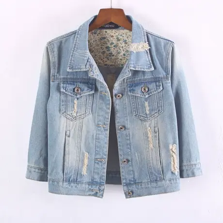 牛仔外套女春秋短款修身新款显瘦七分袖牛仔服上衣大码中袖02商品大图