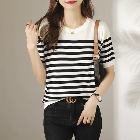 冰丝针织衫女薄款2023新款夏季女装正肩条纹短袖t恤宽松显瘦上衣图片