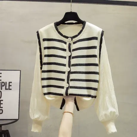 圆领条纹灯笼袖拼接针织开衫2023秋装新款宽松外穿上衣毛衣女套头商品大图