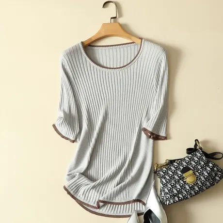 冰丝针织衫女短袖薄款春装2023年新款女夏季韩版ins百搭t恤女上衣商品大图