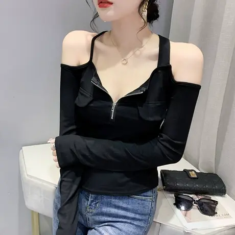 2023秋装新款性感一字领长袖T恤女欧货设计感拉链上衣高腰打底衫商品大图