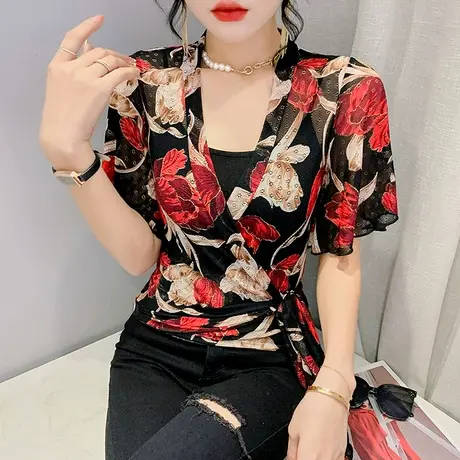 欧货交叉V领系带防晒开衫女气质碎花上衣短袖薄款性感网纱披肩夏图片