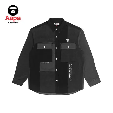 Aape旗舰店男装秋冬字母印花猿颜刺绣拼接牛仔长袖衬衫8390XXH商品大图