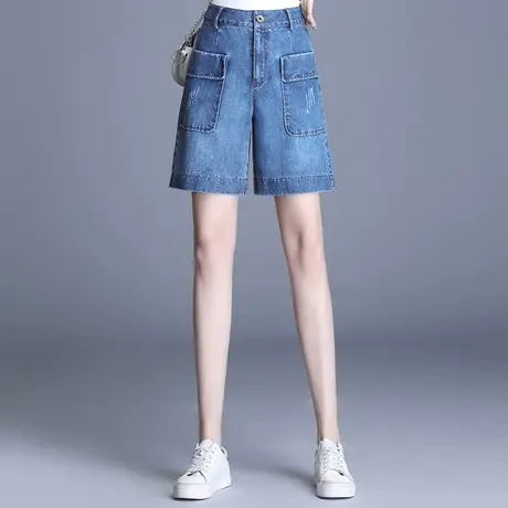 蓝色直筒牛仔裤女短裤2023春夏新款高腰休闲裤显瘦阔腿裤薄款裤子商品大图