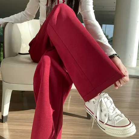 红色阔腿裤女秋季2023新款高腰显瘦宽松垂感拖地百搭抽绳休闲卫裤商品大图