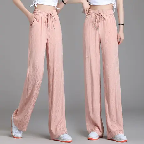粉色阔腿裤女春夏薄款时尚印花垂感松紧高腰直筒休闲拖地长裤显瘦图片