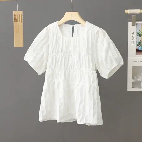 韩系甜美小个子气质褶皱白t恤女夏季新款小众圆领娃娃衫短袖上衣图片
