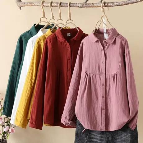 衬衫女拼接双层棉纱上衣外套打底外套2023年秋季长袖白色新款衬衣图片