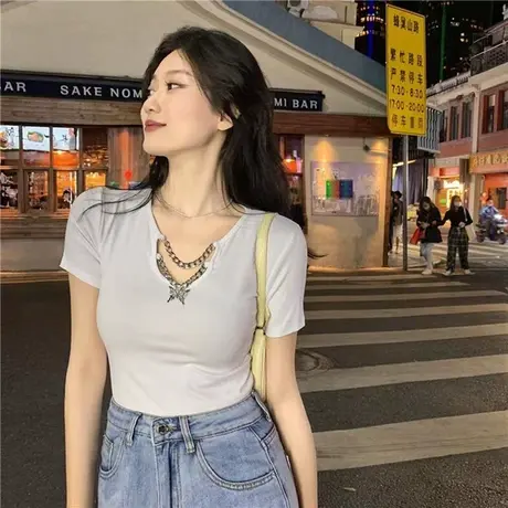 法式黑色短袖T恤女修身显瘦2023年夏装新款性感短款露脐上衣ins潮商品大图