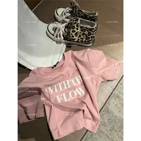 韩国东大门2023春季新款韩版字母印花修身百搭短款垫肩短袖T恤女商品大图