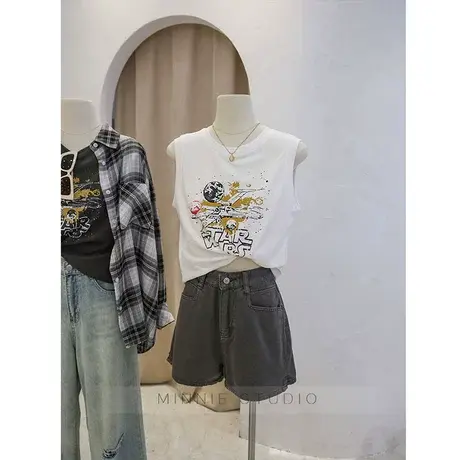 休闲印花无袖t恤背心女夏季薄款外穿坎肩打底衫宽松甜酷圆领上衣商品大图