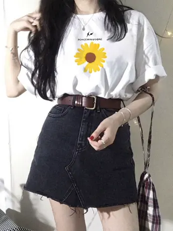 2023新款仿棉短袖正肩t恤女夏季宽松设计感小众美式复古ins潮上衣商品大图