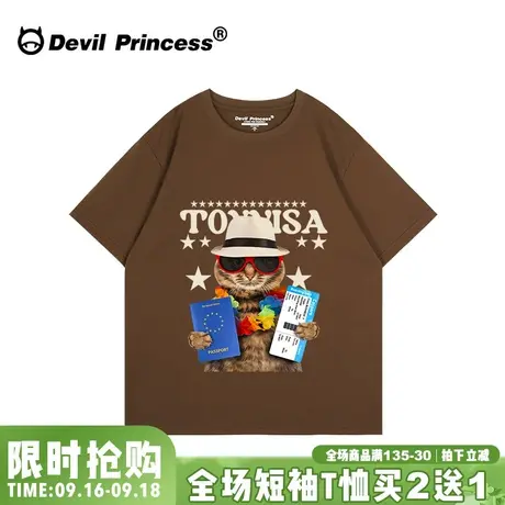 美式街头大版咖啡色短袖女t恤小众ins风卡通潮牌超火正肩半袖上衣图片