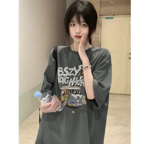 纯棉短袖t恤女设计感小众美式复古半袖夏季宽松百搭oversize上衣商品大图