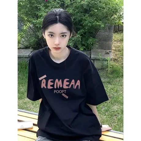黑色短袖t恤女纯棉夏季美式复古潮设计感原创宽松半袖上衣小个子图片