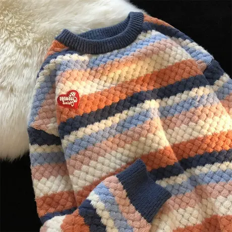 彩色条纹毛衣女秋冬季2022慵懒风设计感小众高级感宽松外穿针织衫商品大图