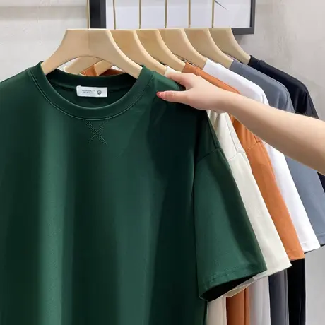 纯棉t恤男宽松潮牌落肩纯色新款男士短袖夏季五分半袖体恤男宽松图片