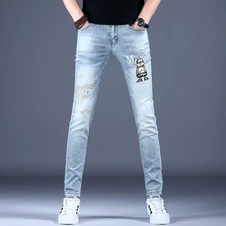 男士刺绣印花牛仔裤男款弹力高端潮牌修身小脚裤子男2023男裤休闲商品大图