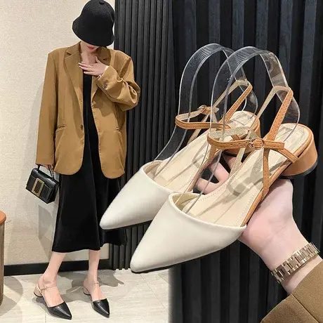 包头中空凉鞋2023年新款夏季罗马休闲尖头中跟粗跟春夏女鞋子百搭商品大图