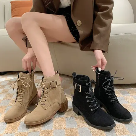法式高跟短靴女秋冬2024新款磨砂绒面显瘦及裸靴切尔西机车马丁靴图片