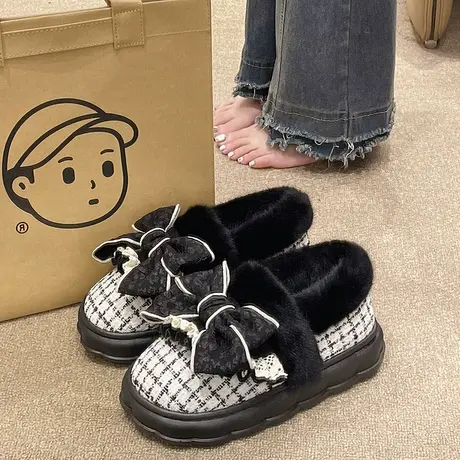 厚底棉拖鞋女冬季室内外穿高级感可爱蝴蝶结加绒保暖防滑包跟棉鞋图片