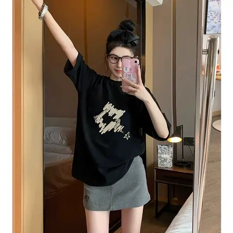 短袖t恤女夏季新款大码胖mm洋气减龄美式黑色正肩体恤上衣2-300斤商品大图