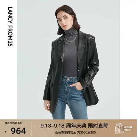 朗姿率性酷飒西装领黑色皮衣秋季新款别致时尚复古外套女高级感图片
