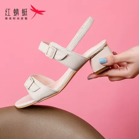 红蜻蜓女凉鞋真皮夏季时尚百搭一字扣带粗跟中跟高跟妈妈鞋凉鞋女图片