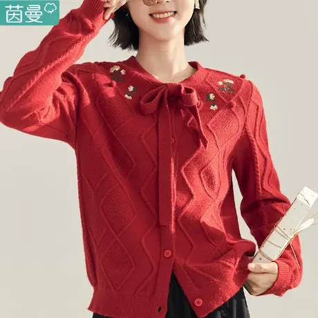 茵曼官方旗舰店新款圆领领口蝴蝶结领型撞色刺绣开衫宽松长袖毛衣图片