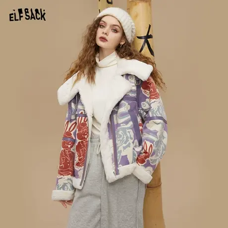 妖精的口袋印花翻领棉衣棉服女2022冬季新款小个子宽松花棉袄外套图片