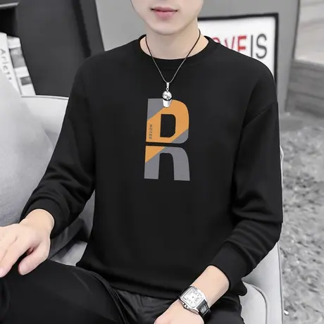 春秋款男士卫衣潮ins秋季圆领宽松加绒套头无帽黑色薄款百搭长袖商品大图