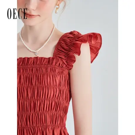 Oece复古红显白上衣女2023夏季新款女装气质漂亮小衫商品大图