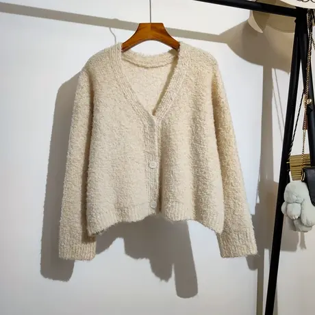 慵懒风短款毛衣外套女秋冬新款v领宽松纯色百搭休闲针织开衫上衣商品大图