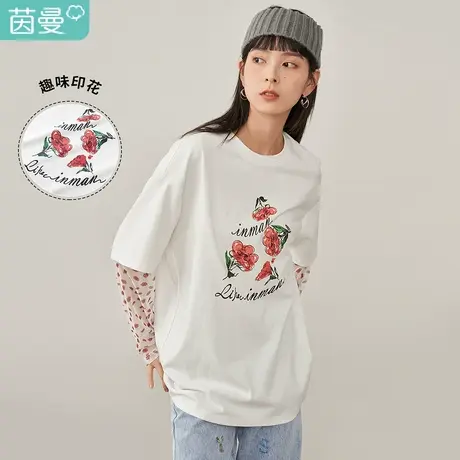 【商场同款】茵曼印花圆领T恤宽松女2023春季新款潮网纱拼接休闲图片