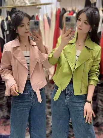 2023春秋季新款百搭斜拉链翻领纯色上衣女糖果色薄款长袖短外套潮图片