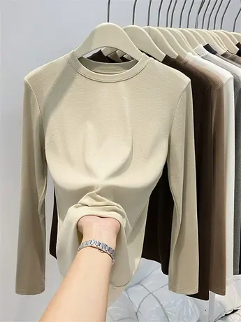 圆领长袖上衣T恤女秋季新款韩版简约羊绒内搭打底衫薄款修身小衫商品大图