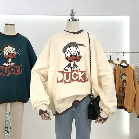 卫衣女春秋薄款2021新款韩版ins潮做旧发泡鸭子假两件宽松上衣服图片