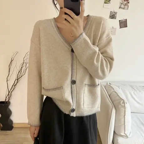25262-V领浣熊长袖针织开衫厚款秋冬女上衣外套简约气质百搭时尚商品大图