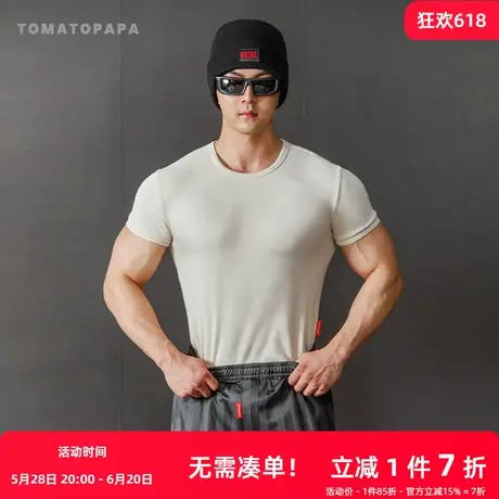 TOMATOPAPA短袖t恤高弹螺纹坑条打底衫健身修身体恤紧身上衣圆领商品大图