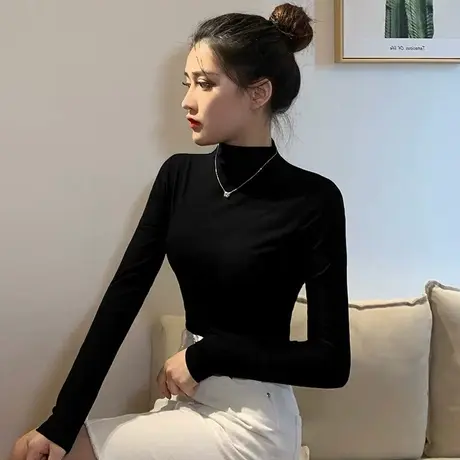 2023秋冬季新款白色内搭加绒德绒洋气半高领打底衫长袖t恤女上衣图片