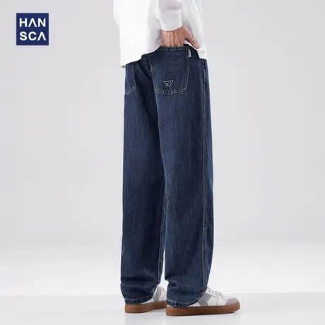 hansca深蓝直筒牛仔裤男秋季新款美式水洗原色简约百搭宽松长裤子图片