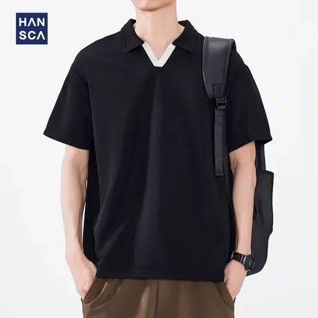 hasnca小V领短袖polo衫男款2025新款夏季薄款宽松休闲黑色t恤上衣商品大图