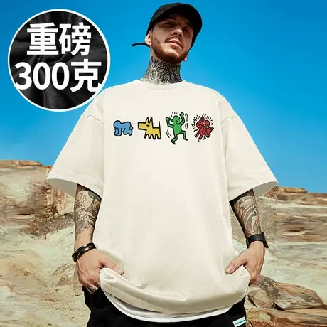 300g重磅潮牌宽松胖子T恤短袖五分袖纯棉杏色情侣加肥加大码男装图片